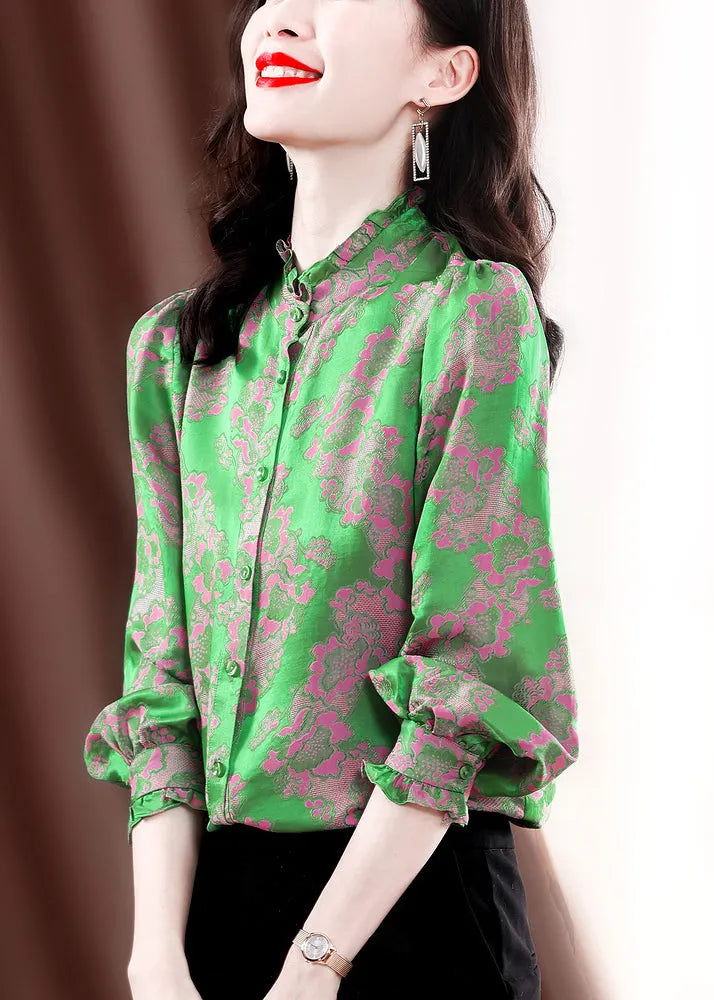 Green Stand Collar Button Ruffled Jacquard Silk Shirt Top Long Sleeve