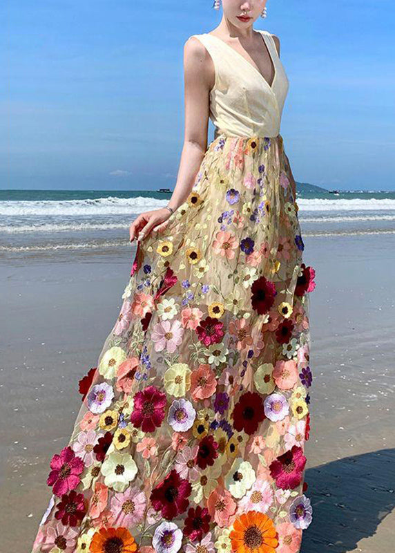 V Neck Tulle Embroidered Patchwork Tulle Maxi Dress Summer