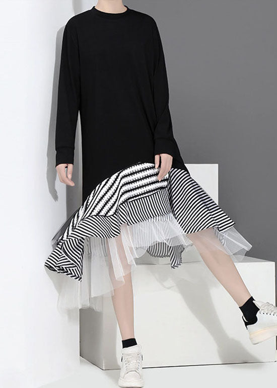Black Tulle Patchwork Holiday Dress O-neck Ruffles Asymmetrical Spring