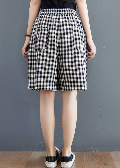 Stylish Black White Plaid Elastic Waist Pocket Hot Pants Summer