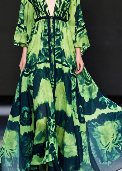 Green Print Chiffon Ankle Dress Deep-v Neck Exra Large Hem Fall
