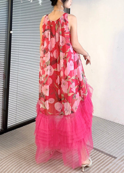 Red Asymmetrical Tulle Patchwork Dresses O-neck Summer