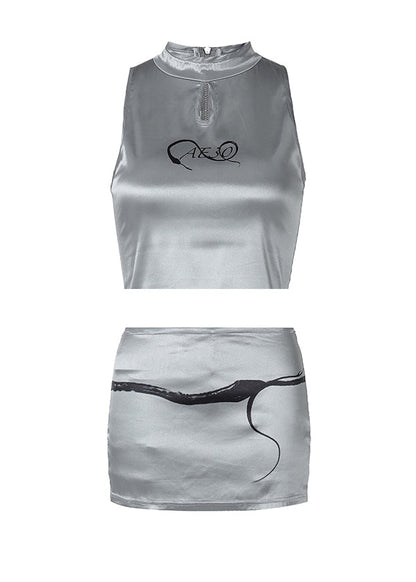 Silver O-neck Tank and Skirts Satin Two Pieces Set Summer