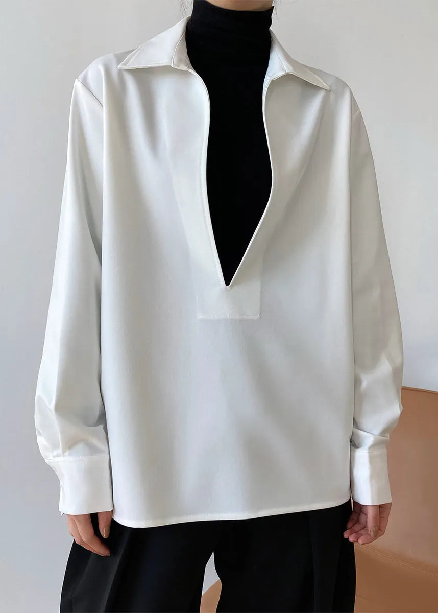 Simple White V Neck Cotton Shirts Top Long Sleeve Spring