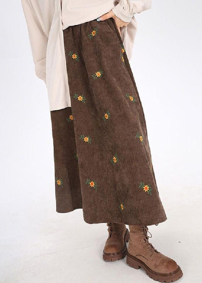 Brown Corduroy a Line Skirt Embroidered Spring