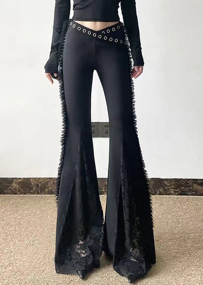 Black Eyelash Patchwork Lace Bell-bottom Trousers Pants Spring