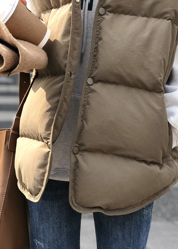 Khaki Stand Collar Thick Winter Sleeveless Puffer Vest