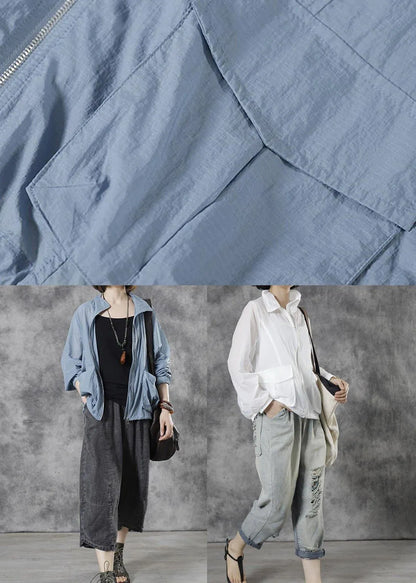 Diy Blue Stand Collar Zippered Fall Long Sleeve Top