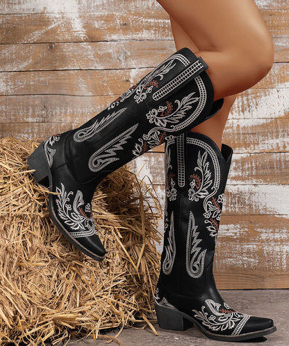Black Splicing Faux Leather Chunky Boots Embossed