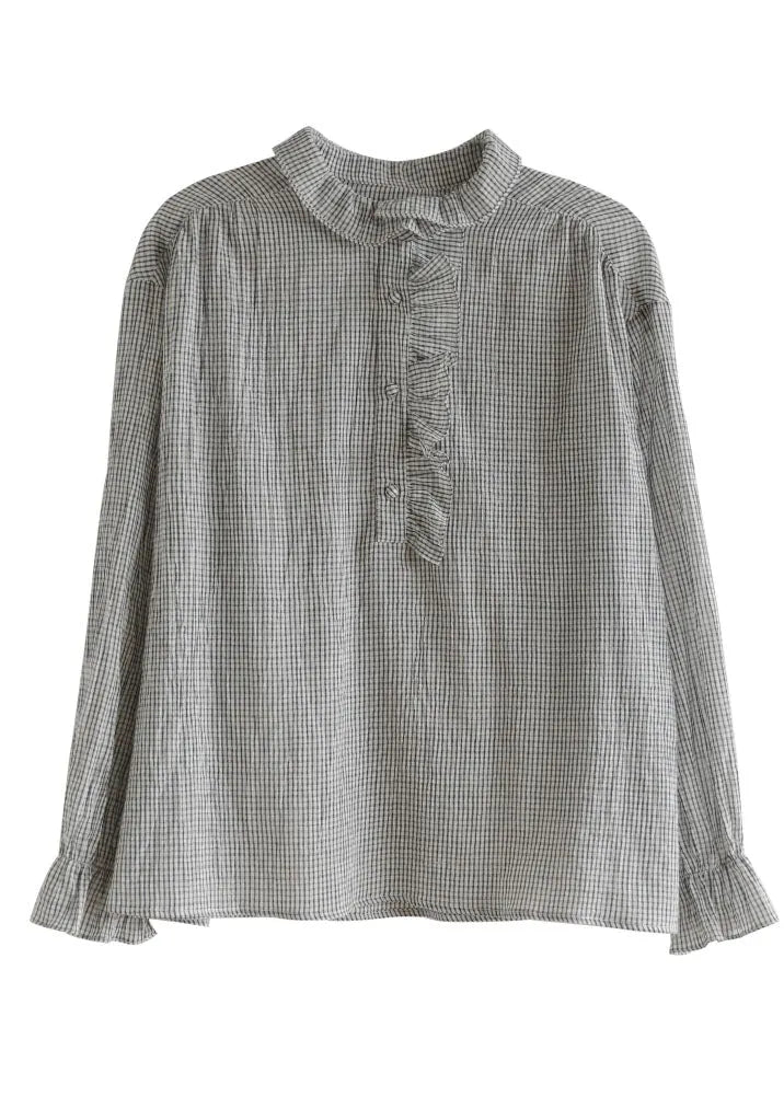 Black White Peter Pan Collar Ruffled Plaid Cotton Shirt Top Long Sleeve