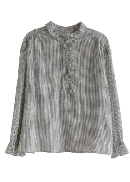 Black White Peter Pan Collar Ruffled Plaid Cotton Shirt Top Long Sleeve