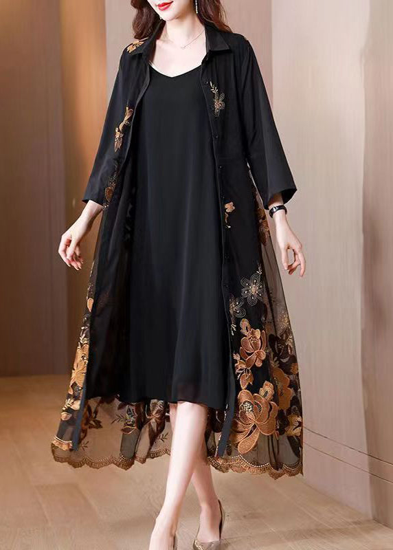 Handmade Black Peter Pan Collar Embroideried Patchwork Dress Fall