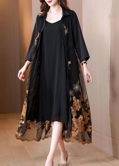 Handmade Black Peter Pan Collar Embroideried Patchwork Dress Fall