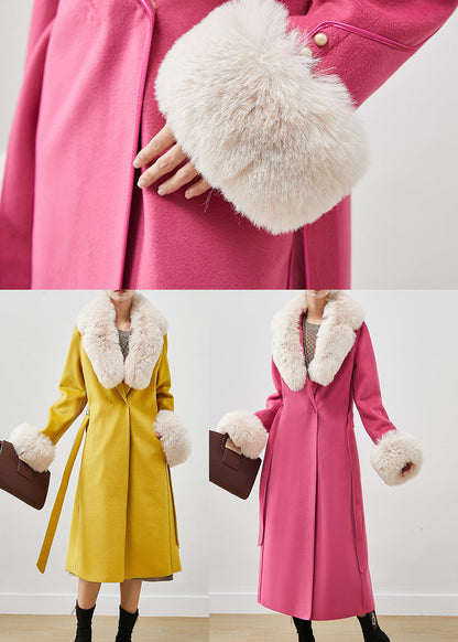 Pink Silm Fit Woolen Coat Outwear Fur Collar Tie Waist Fall