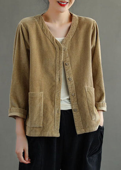 Khaki V Neck Pockets Button Corduroy Coats Long Sleeve