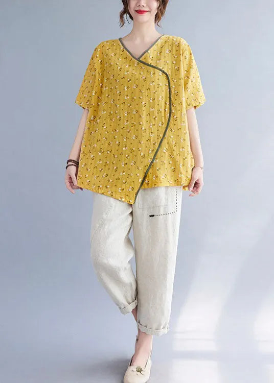 Fitted Yellow Pockets Print Asymmetrical Design Fall Shirt Tops Half Sleeve