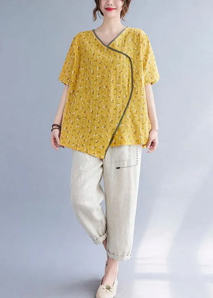 Fitted Yellow Pockets Print Asymmetrical Design Fall Shirt Tops Half Sleeve