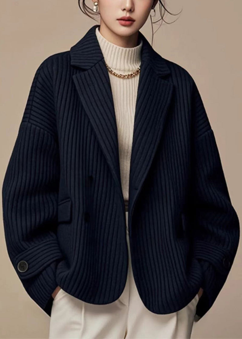 French Black Notched Striped Button Spandex Coats Fall