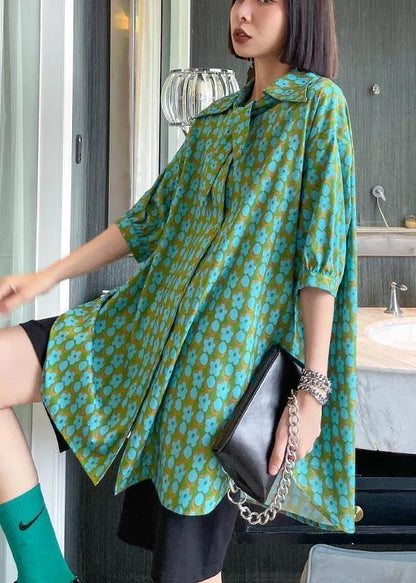 Green Print Button Short Sleeve Cotton Top