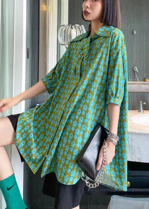 Green Print Button Short Sleeve Cotton Top