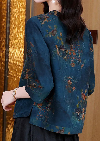 Blue V Neck Patchwork Print Silk Blouse Tops Spring