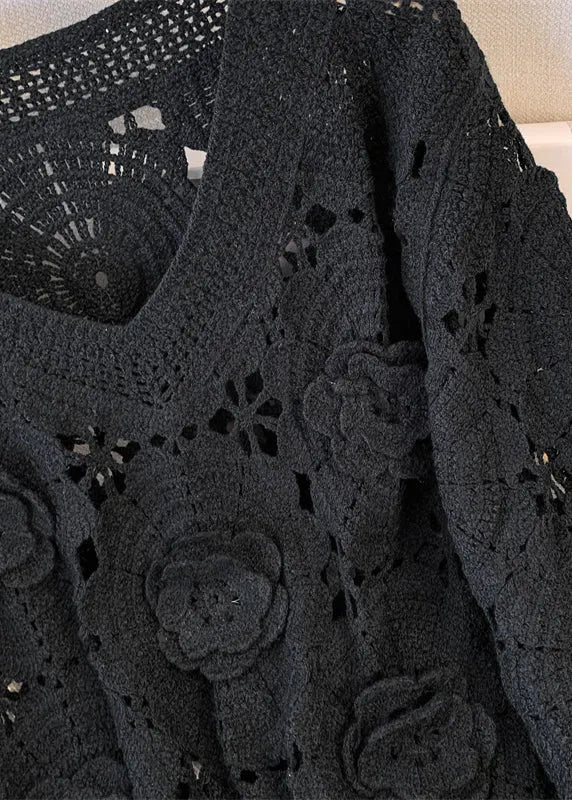 Black Three-dimensional Knit Pullover Hollow Out Fall