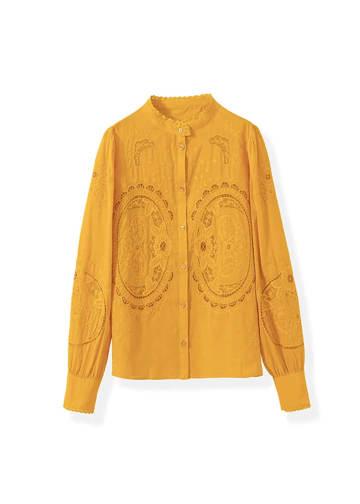 Yellow Embroidered Button Cotton Shirt Tops Fall