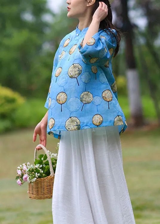 Diy Blue Stand Collar Print Linen Top Bracelet Sleeve