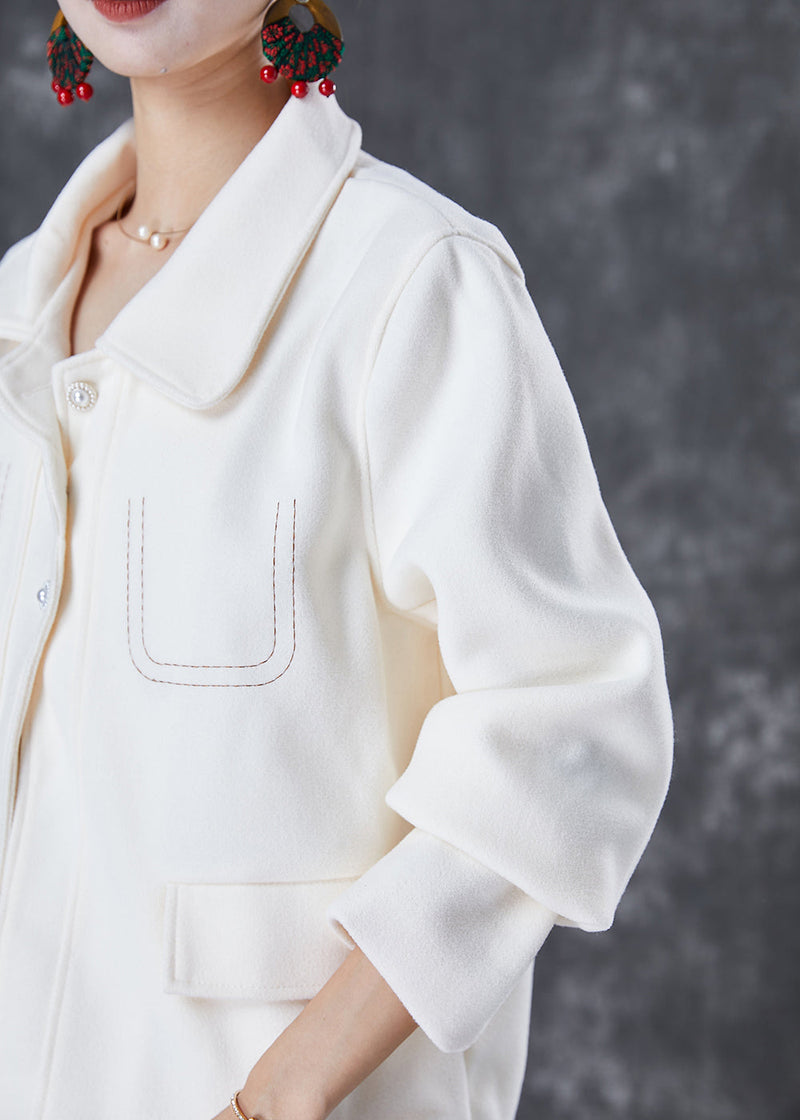 White Embroideried Woolen Coat Fall