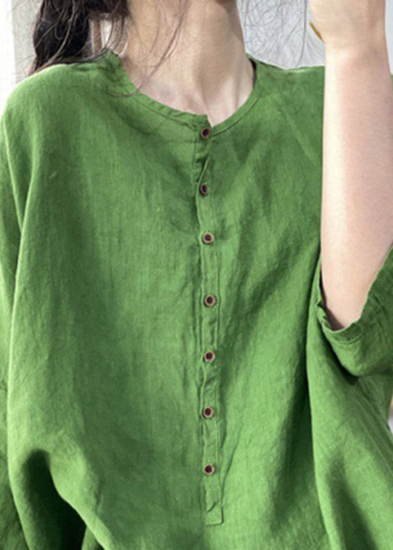 Green Button Side Open Cotton Blend Top Three Quarter Sleeve
