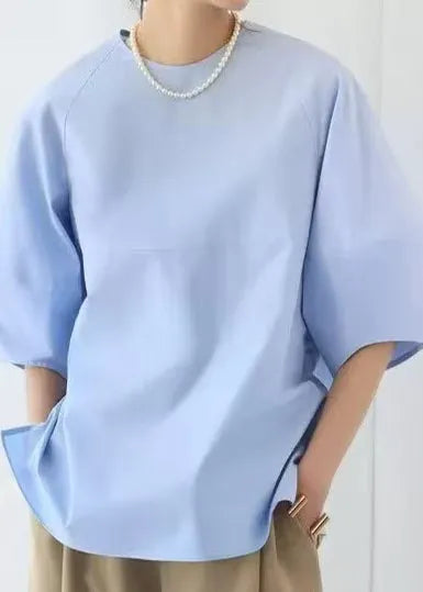 Blue O-neck Puff Sleeve Cotton Tops