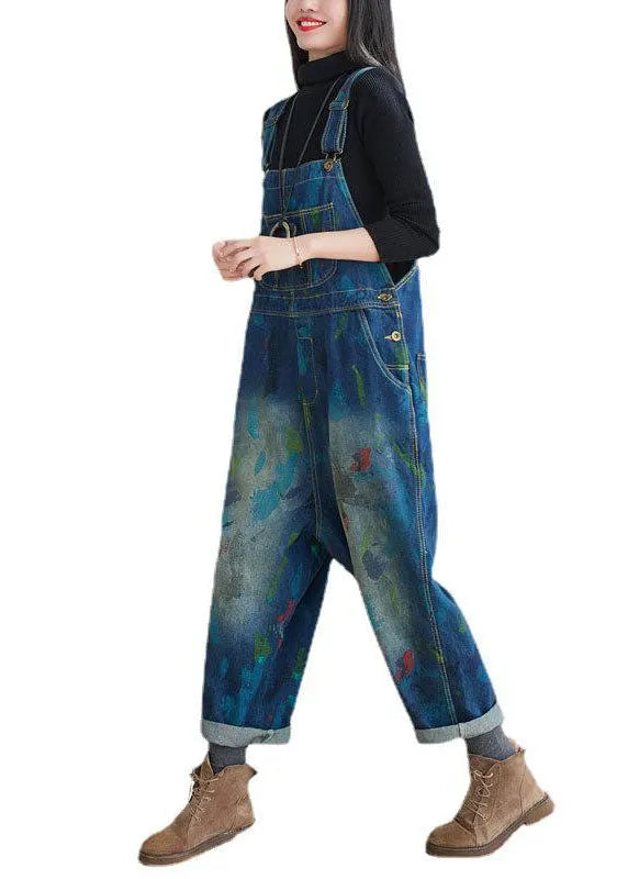 Blue Patchwork Print Denim Jumpsuit Spring