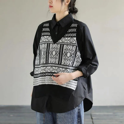 Classy Lapel Patchwork Knit Fabric Spring Black Blouse