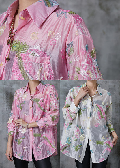 Style Pink Embroidered Linen Silk Upf 50+ Top Summer
