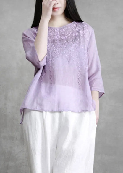 Boutique Violet O-neck Embroideried Linen Shirts Long Sleeve