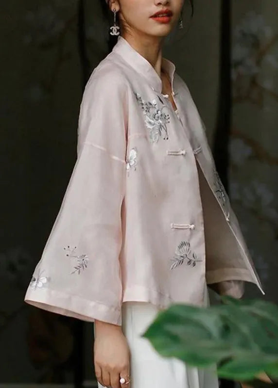 Pink Stand Collar Embroideried Button Top Long Sleeve