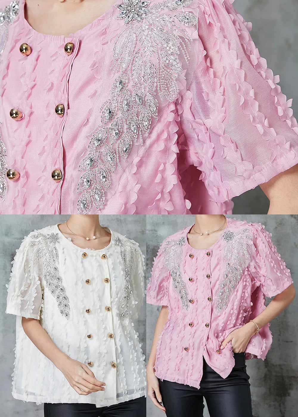 White Chiffon Shirts Double Breast Zircon Summer