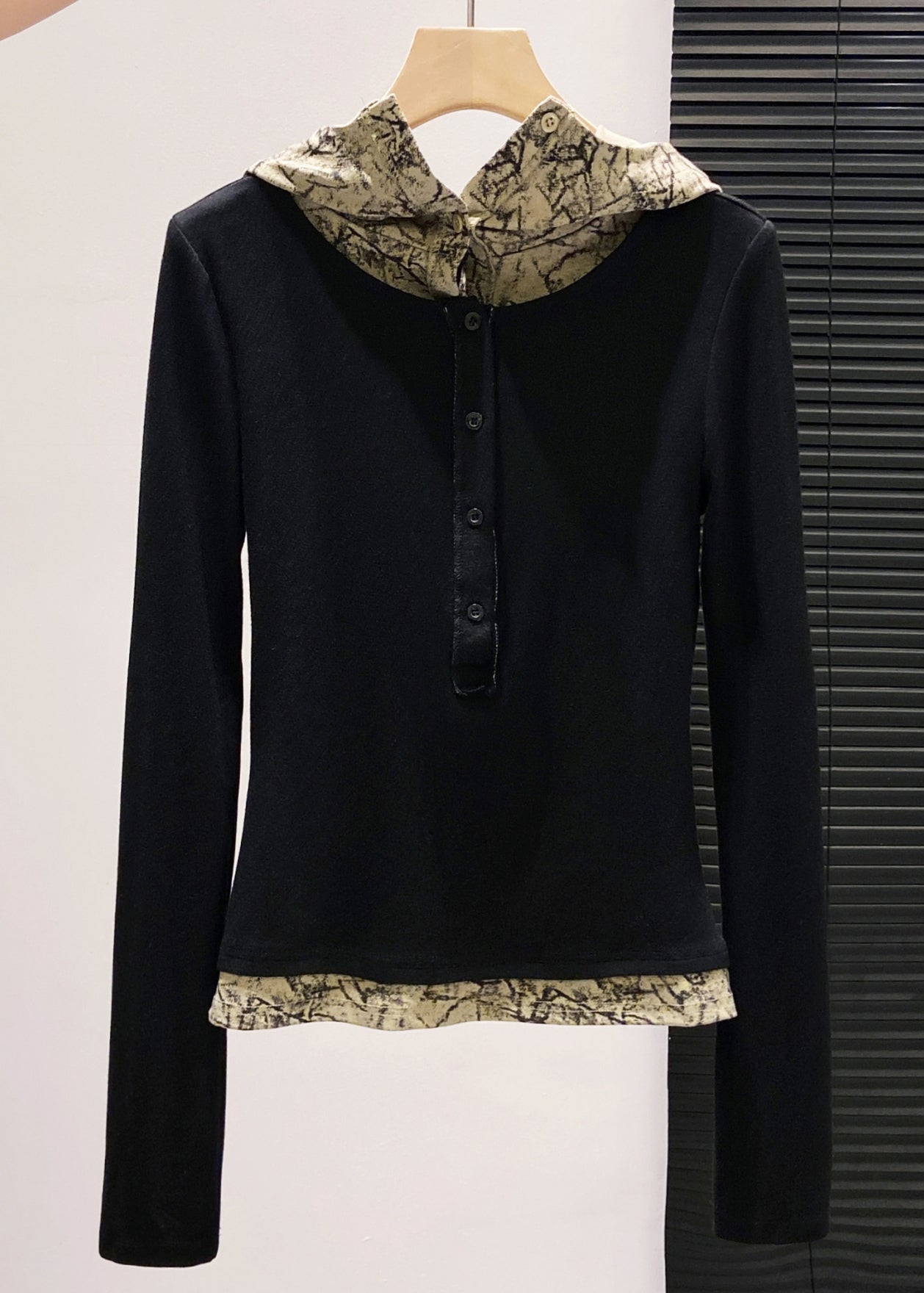 Brown Hooded Patchwork Cotton Fake Two Piece Tops Fall