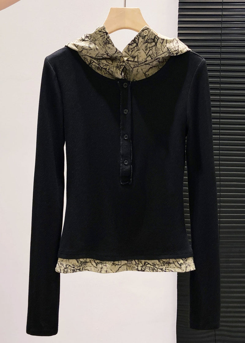 Brown Hooded Patchwork Cotton Fake Two Piece Tops Fall