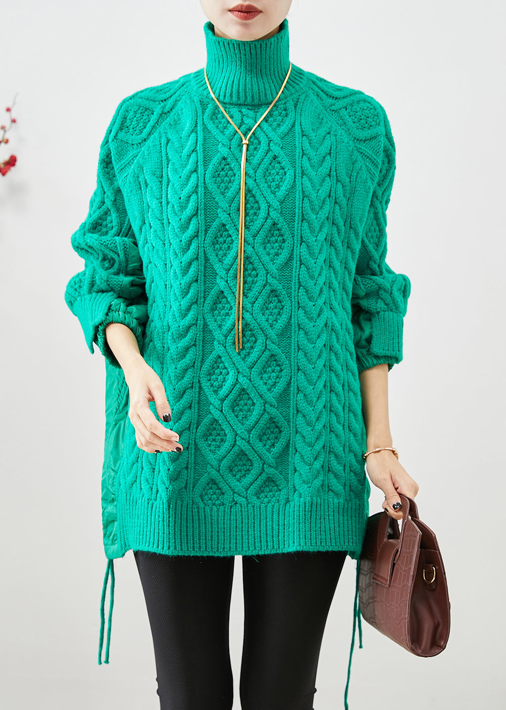 Green High Neck Thick Patchwork Knit Sweaters Winter