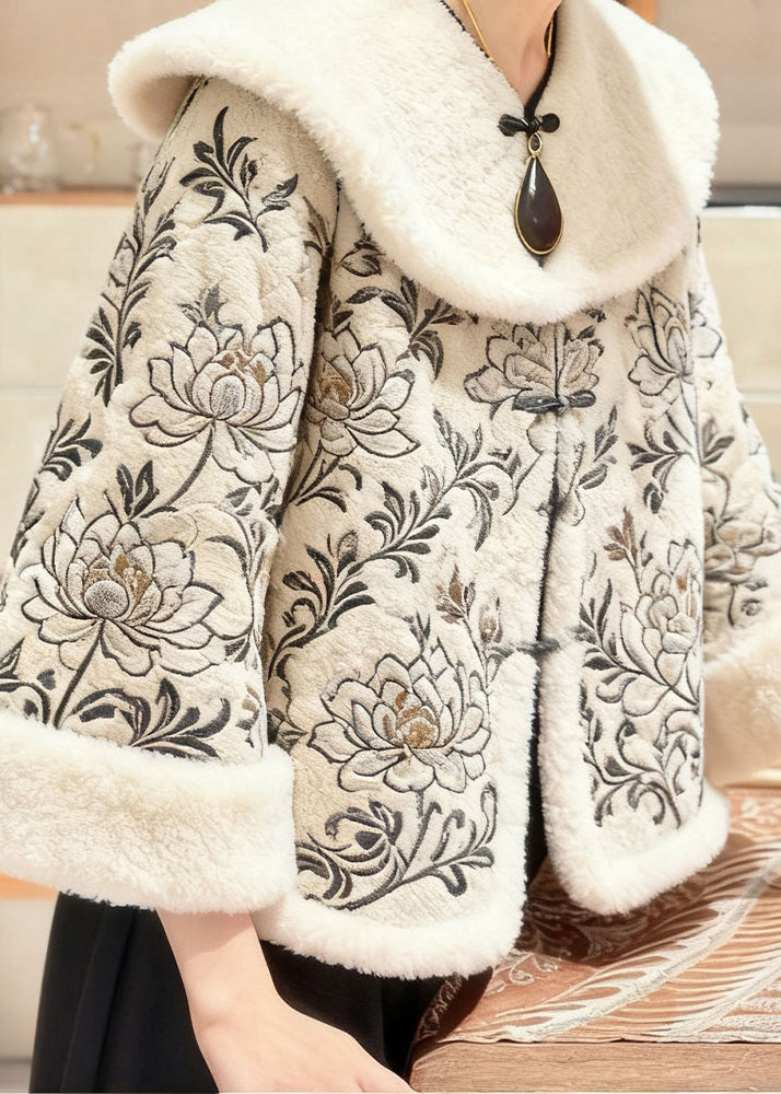 Apricot Fur Collar Embroidered Coats Winter