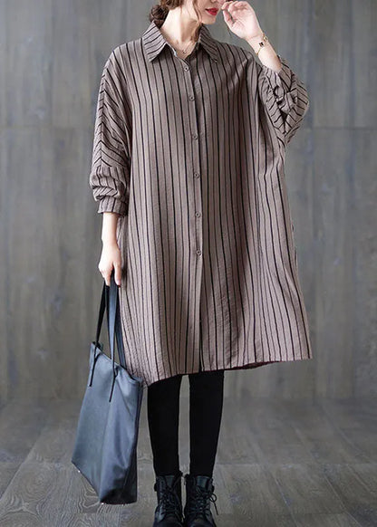 Khaki Peterpan Collar Button Striped Fall Long Sleeve Top