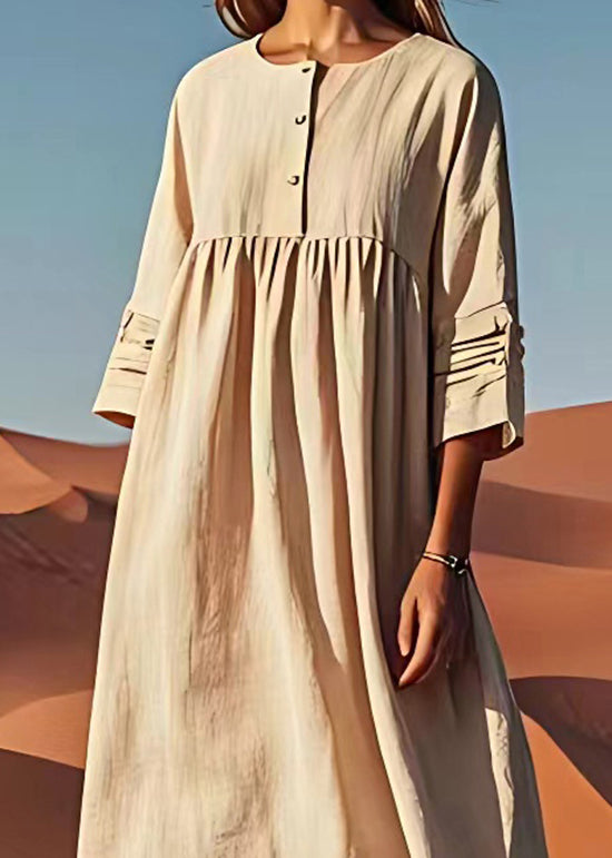 Unique Beige O Neck Wrinkled Linen Dress Summer