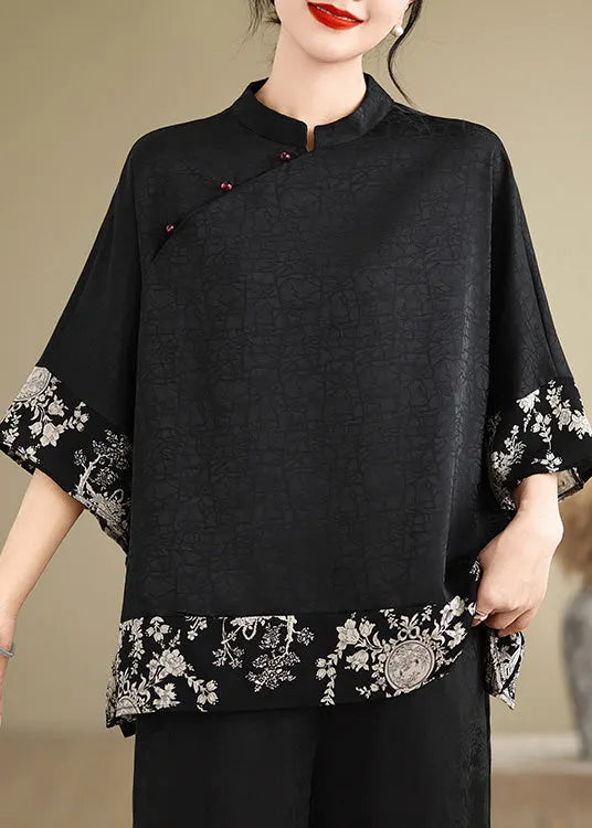 Black Mandarin Collar Patchwork Silk Shirt Summer