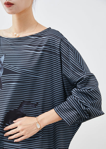 Black Asymmetrical Striped Cotton Blouses Fall
