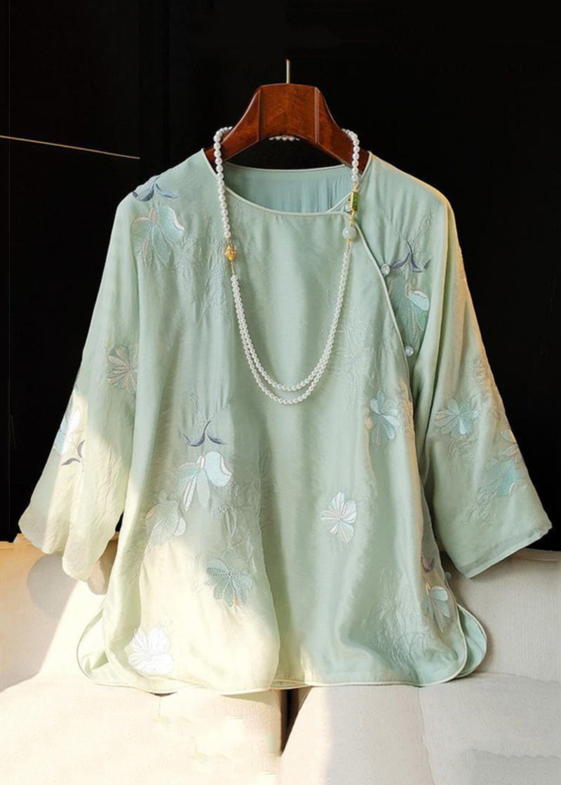 Green Embroidered Side Open Linen Shirt Bracelet Sleeve