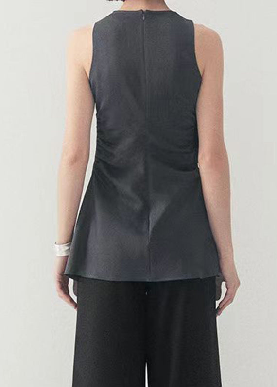 Original Grey O-neck Ruffled Patchwork Side Open Top Sleeveless