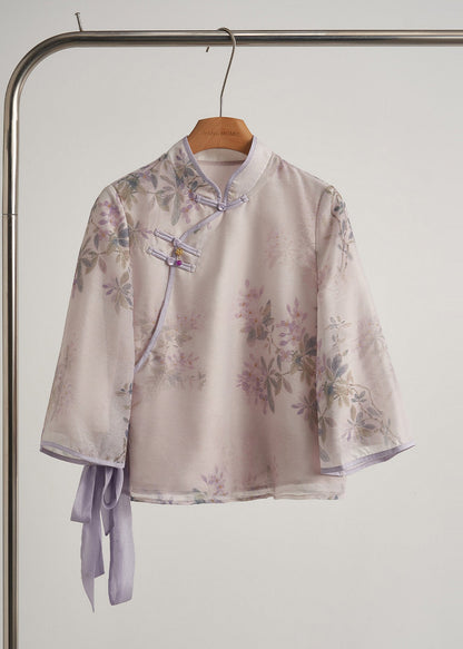 Chinese Style Purple Print Silk Oriental 2 Piece Outfit Fall