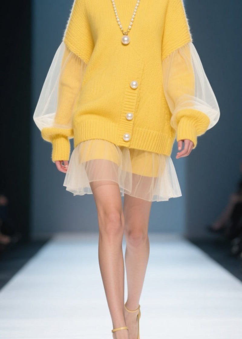 Yellow O Neck Tulle Patchwork Knit Dress Fall