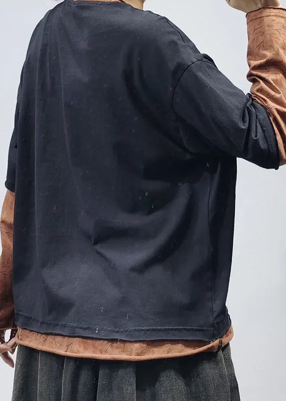 French Black O-neck Patchwork Fake Two Pieces Cotton Sweatshirts Top Long Sleeve